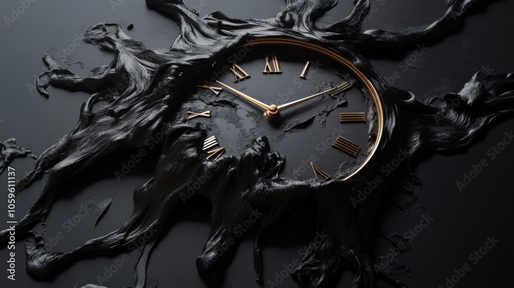 Aufkleber A surreal clock with melting hands merges into a dark background, representing the fluid nature of time and its inevitable passage. Generative AI