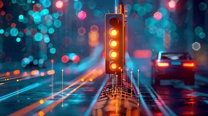 Self driving cars navigating a futuristic city at night, guided by an advanced traffic management system, showcasing the potential of smart city technology and autonomous vehicles