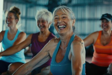 Fototapeta premium A group of senior women working out together, laughing and enjoying themselves in a gym setting.
