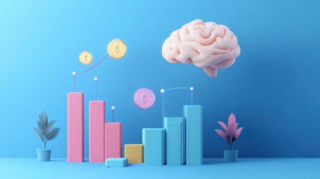 A vibrant illustration depicting a brain above colorful charts and graphs, symbolizing data analysis, decision-making, and intelligent insights.