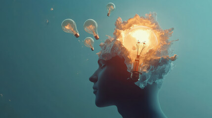 Obraz premium A surreal image depicting a silhouette of a head with glowing light bulbs and plant life emerging, symbolizing creativity and ideas.