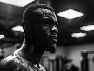 Athlete with beard sweating profusely after a hard workout, looking contemplative. Sweat drops on face indicate exhaustion and exertion.