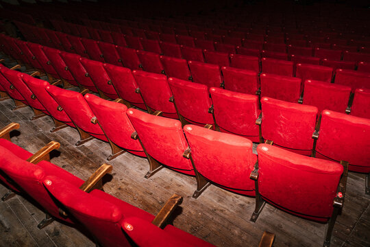 Rows of Old Wooden Theater Seats