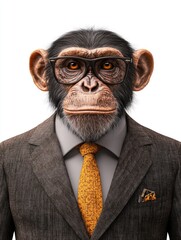 Monkey wearing glasses and a suit with a yellow tie. The monkey is looking at the camera