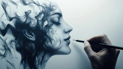 Obraz premium A hand drawing a stylized portrait of a woman with flowing hair, using a pen to create intricate details against a light background.