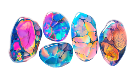 Set of opals with vibrant color patterns and polished surfaces, isolated on white, cut out 