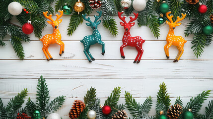 wooden background, spruce branches and Christmas decorations in the form of balls and reindeer