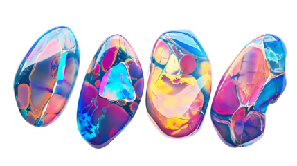 Set of opals with vibrant color patterns and polished surfaces, isolated on white, cut out 