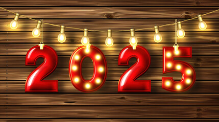 Luminous Numbers 2025 on Wooden Background with Christmas Decorations, New Year