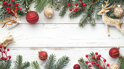 New Year's background, spruce branches and Christmas decorations in the form of balls and reindeer