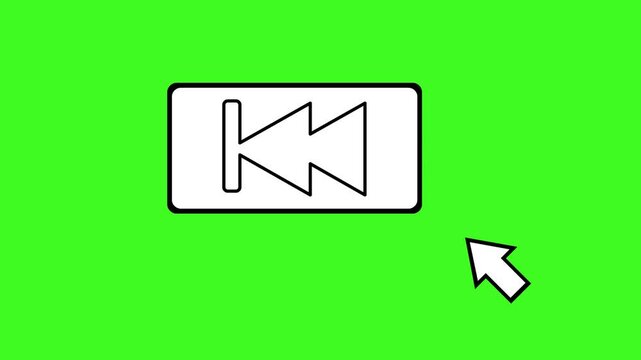 video animation black and white icon computer mouse cursor clicking on a rewind button digital software, on a green chroma key background