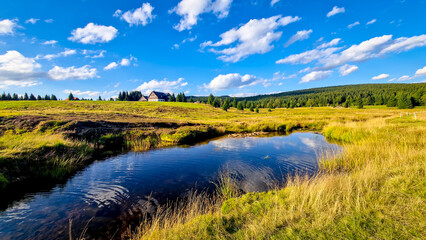 Peacefull landscape in the Jizerka settlement in Jizera Mountains. River reflecting the clear blue sky, surrounded by fields and distant houses on a sunny day in the summer.