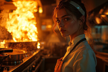 A woman in an apron standing in front of a stove in a kitchen