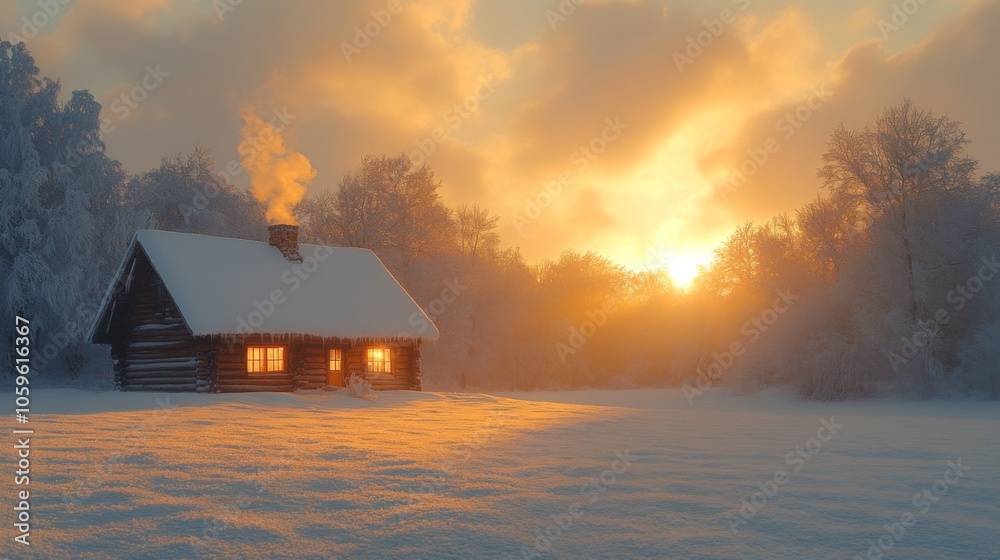 Poster a rustic log cabin emits a warm glow from its windows as the sun sets, illuminating the snowy landsc