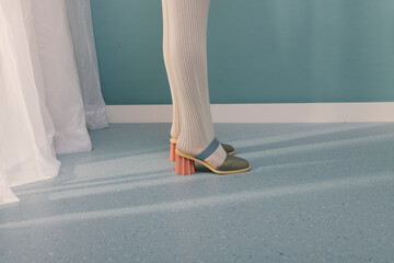 Stylish Women's Shoes and Fashionable Beige Tights Indoors