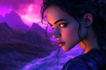 Warrior woman looking at sunset over fantasy landscape