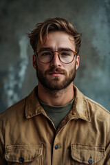 Obraz premium A man with a beard wearing glasses and a brown jacket