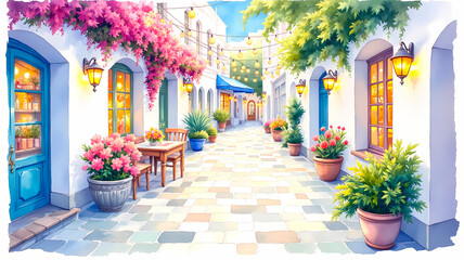 Fototapeta premium Charming mediterranean alleyway with colorful flowers and cozy outdoor seating