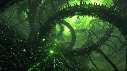 Obraz premium Ethereal Enigma - 3D Render of Mysterious Shadowy Realm with Organic-Machine Structures in Stormy Green and Black Atmosphere