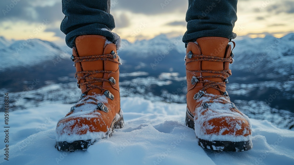 Poster standing on a blanket of snow, a pair of bright orange boots contrasts with the scenic mountainous b