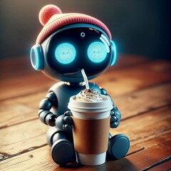 Mini ai robot with a hat, drinking a coffee