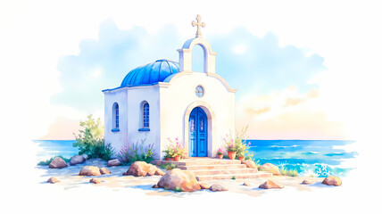 Obraz premium Scenic seaside chapel with blue dome at sunrise
