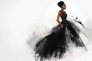 A confident woman in a sophisticated, black evening dress with bold lines, embodying class and elegance, stands in a modern artistic setting with premium allure.