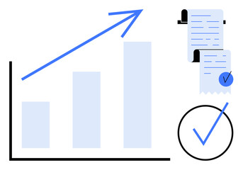 Bar graph with upward arrow. Two financial documents with checkmarks. Large checkmark in circle in minimalist style. Ideal for business growth financial planning project management data analysis