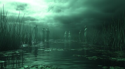 Fototapeta premium Enigmatic Marshland Mysteries: 3D Render of Phosphorescent Plants, Reflective Pools, and Ghostly Figures in Darkened Sky