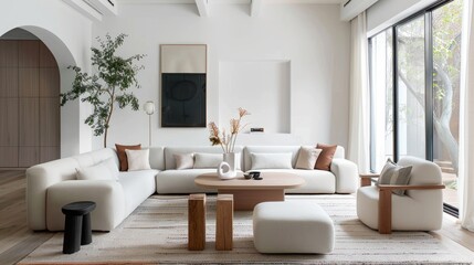 Fototapeta premium Subtle and inviting living room with modern pastel furniture and white walls in natural light