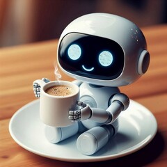 Mini ai robot drinking a coffee