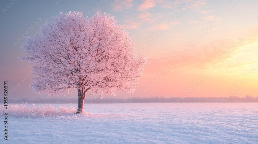 Poster a solitary tree covered in frost takes center stage in a tranquil winter setting. the soft snow refl