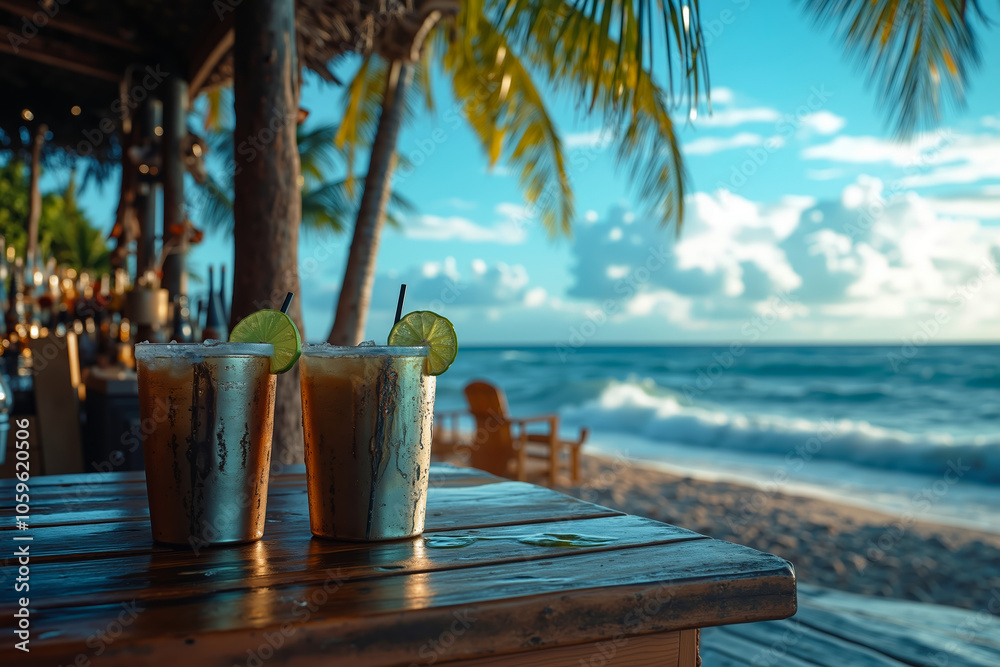 Wall mural two glasses of drinks sitting on a wooden table on the beach