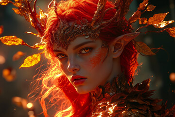 Fototapeta premium A woman with red hair wearing a gold headdress with leaves on her head