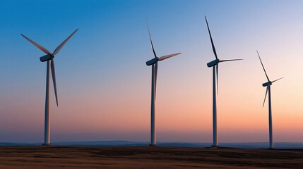 Fototapeta premium Four large wind turbines standing on a flat landscape during sunset with a clear sky transitioning from blue to orange hues.