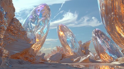 Fototapeta premium Otherworldly Mysteries: Surreal 3D Render of Glowing Mineral Formations on a Fractured Earth under a Colorful Celestial Sky