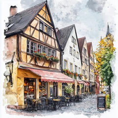Fototapeta premium Watercolor sketch of traditional German architecture and street cafe in Germany