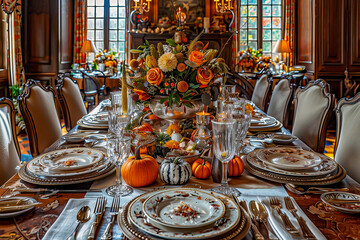 Elegant autumn Thanksgiving table setting holiday interior