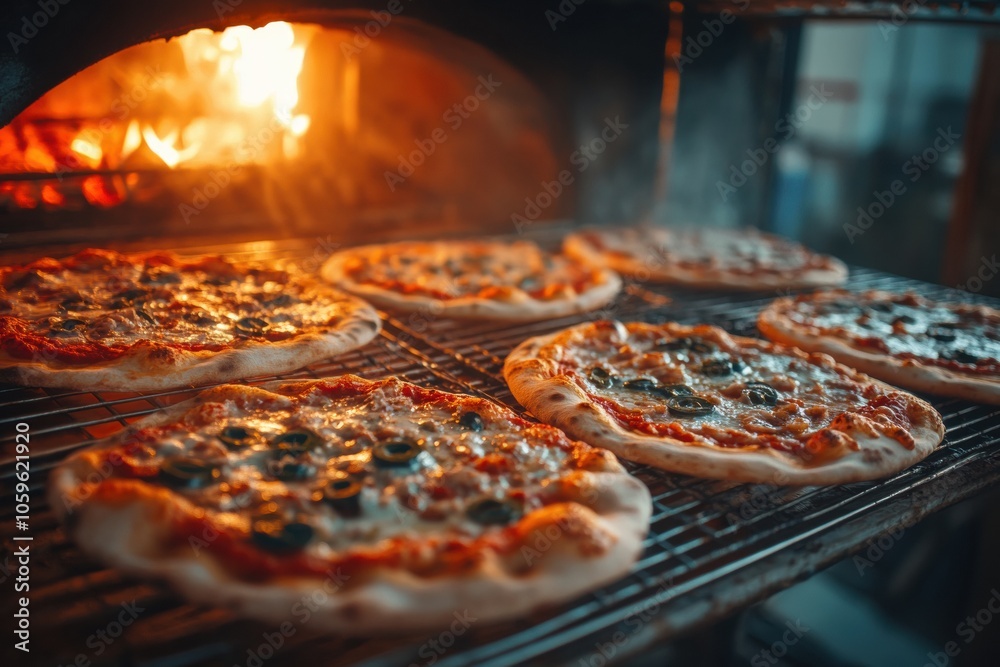 Aufkleber pizzas are placed on a wire rack in a blazing oven, bubbling with cheese and toppings, creating a de