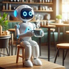 Ai robot sitting on a chair, drinking coffee