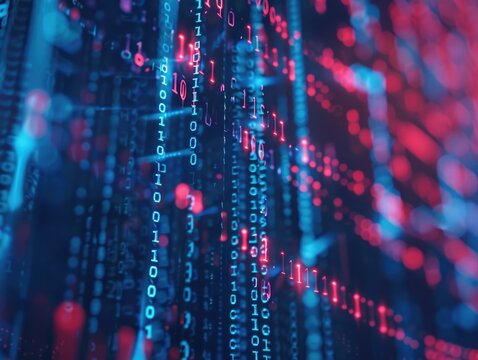 Close up of digital code in a matrix layout on computer hardware background.