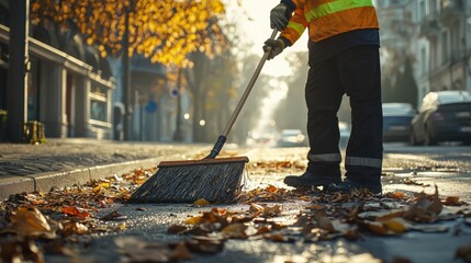 Street sweeper cleaning fallen autumn leaves on a city sidewalk