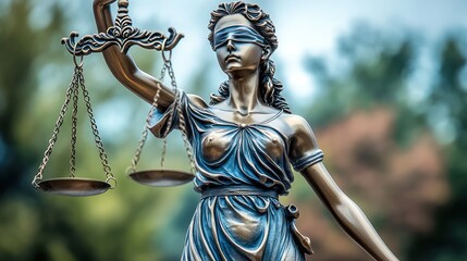 A bronze statue of Lady Justice, the symbol of justice, stands with a blindfold and scales in her hands.