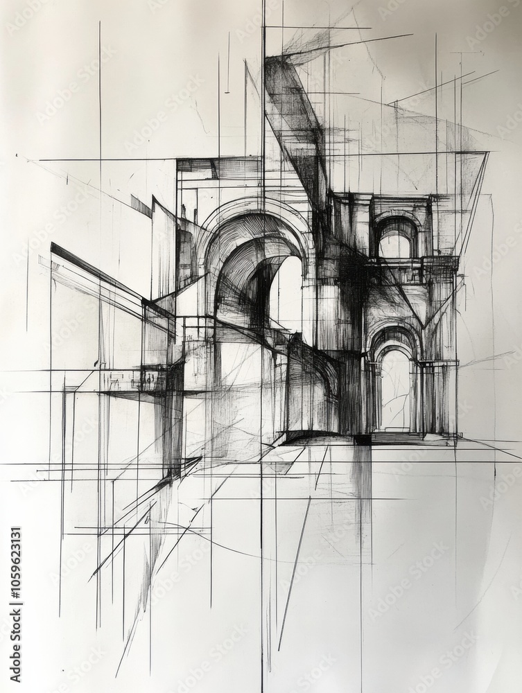 Poster the artwork features an imaginative urban landscape with architectural lines and shapes created with