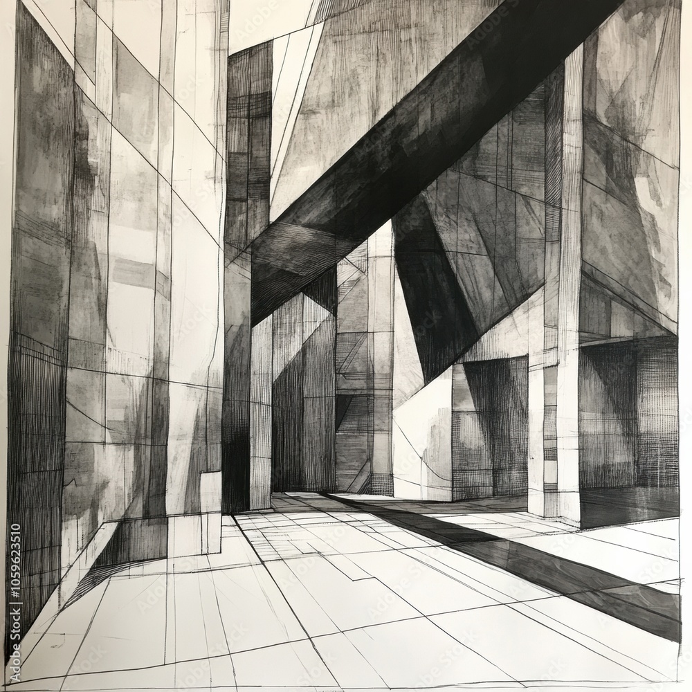 Aufkleber This artwork illustrates a complex urban landscape filled with sharp geometric forms and a striking interplay of light and shadow. Generative AI