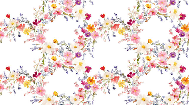 Hand painted watercolor wreath seamless pattern featuring summer flowers ideal for media designs fashion applications and wedding invitations