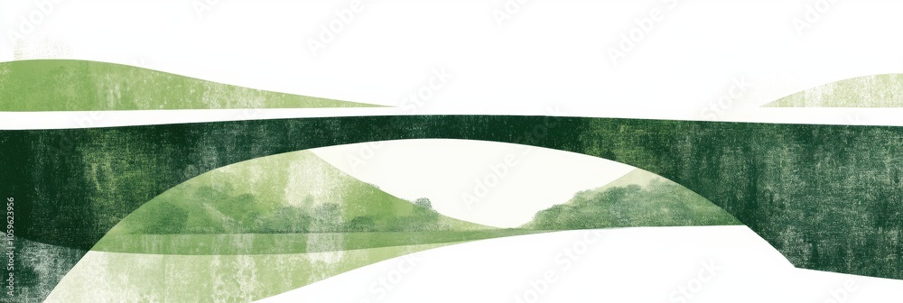Poster this artwork depicts an abstract bridge extending across gentle hills, emphasizing natural beauty an