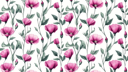 Fototapeta premium Seamless pattern featuring Eustoma flowers and buds in a vibrant collage with leaves on a fresh white background ideal for textile design and home decor