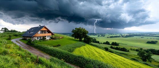 Fototapeta premium Dramatic stormy countryside landscape with ominous dark clouds powerful lightning bolts and heavy rain pouring over a serene picturesque rural scene of rolling hills fields and trees