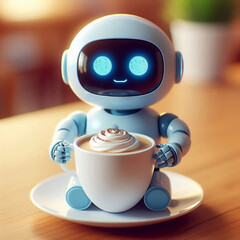 Mini ai robot and a large cup of coffee